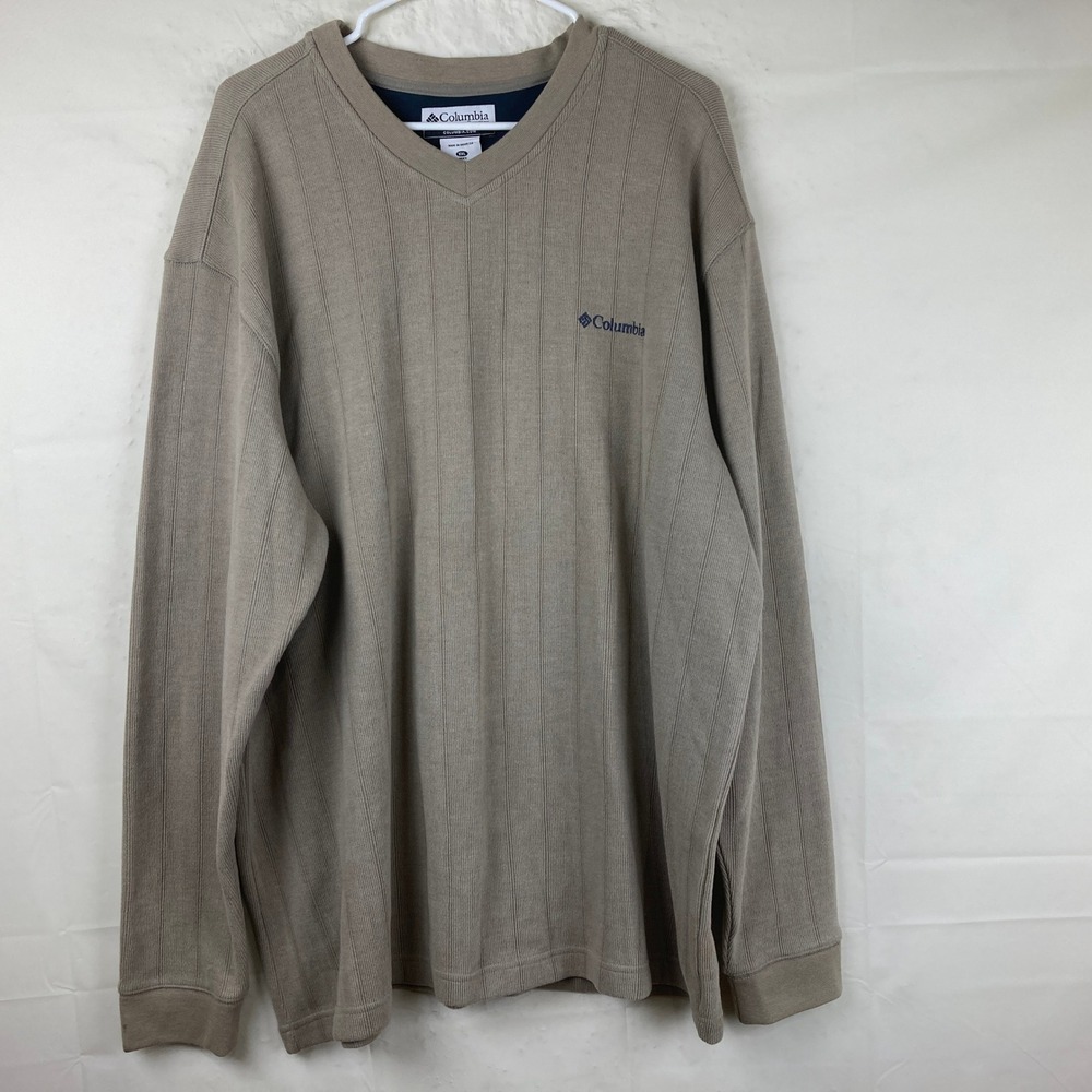 Columbia Pullover Sweater Mens XXL Tan V-Neck Vertical Ribbed Knit - Picture 2 of 6